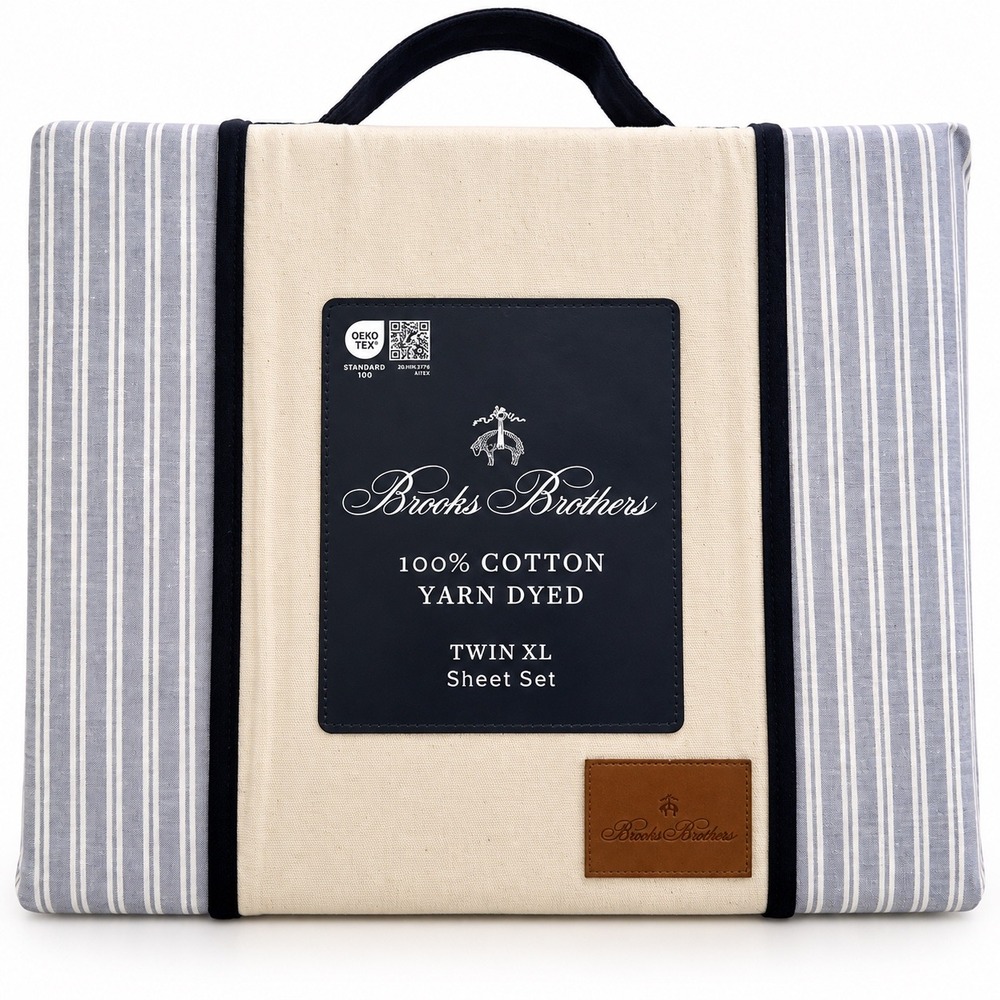 Brooks Brothers Twin XL Sheet Set 100% Cotton Yarn Dyed Blue Wht Stripe 3pc NEW